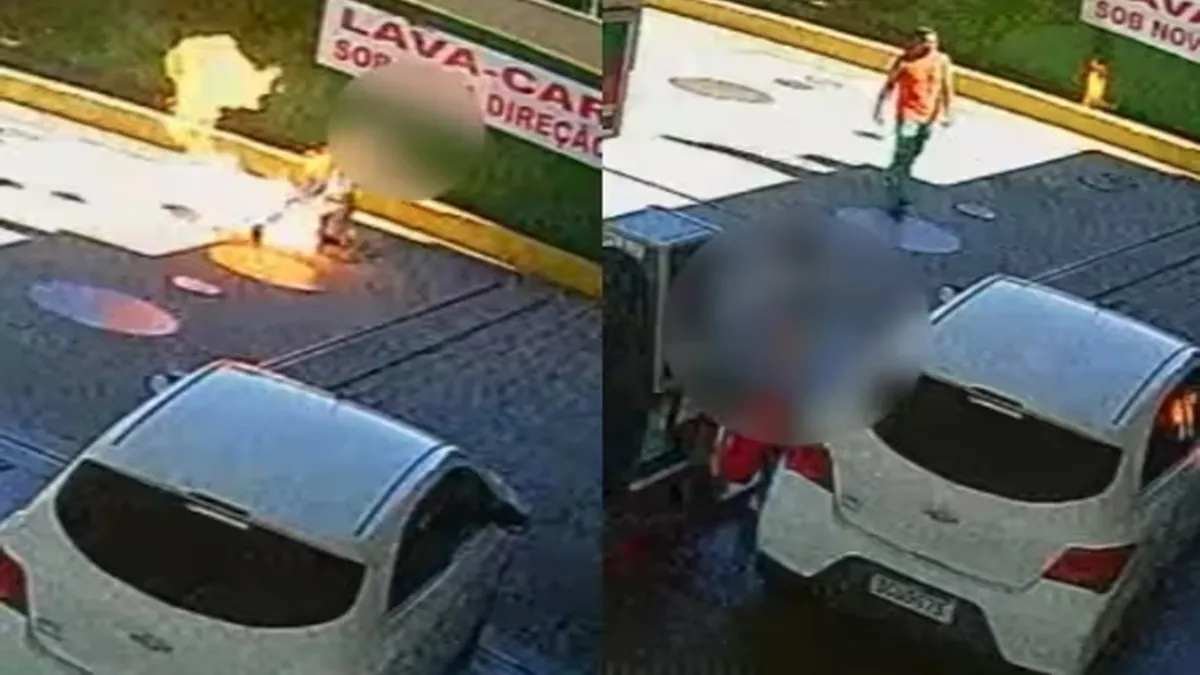 Imagens de câmera de monitoramento flagraram o momento em que o frentista joga gasolina na vítima. Foto/reprodução: RPC