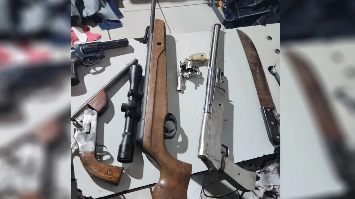 Diversas armas foram encontradas e apreendidas no cumprimento dos mandados de busca e apreensão. Foto/reprodução: Polícia Civil