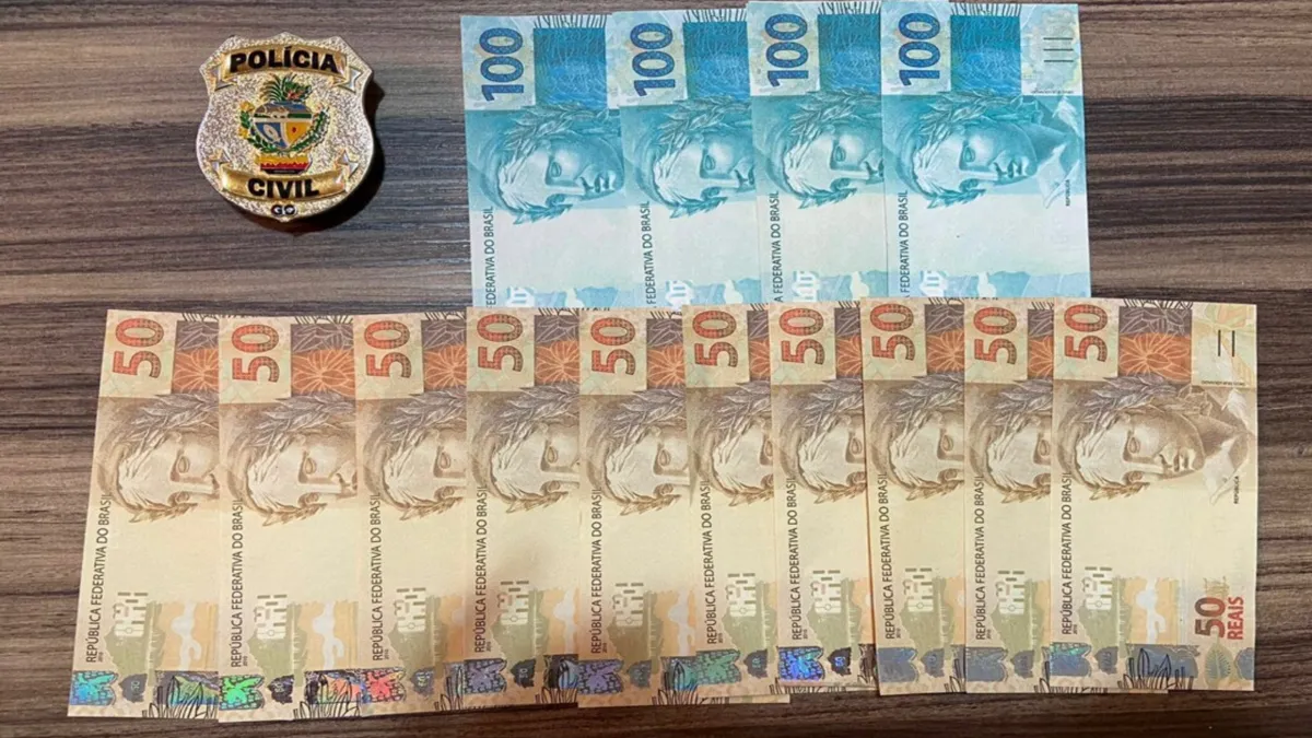 Foram apreendidos cinco cédulas de R$ 100 e dez cédulas de R$ 20, todas falsas. Foto/reprodução: Polícia Civil