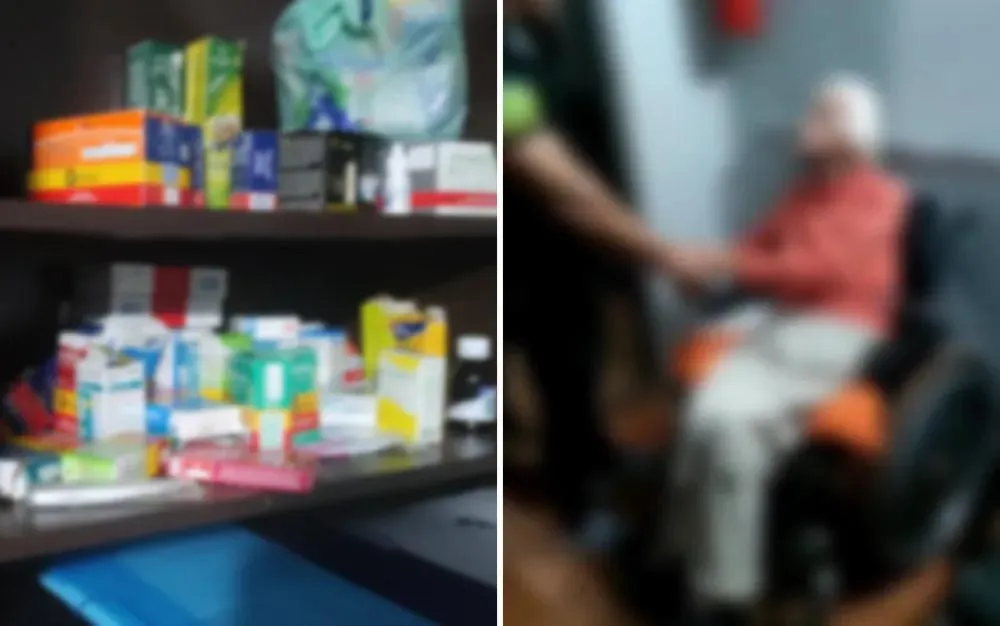 Remédios encontrados na casa de idosos e um dos pacientes do local, em Valparaíso de Goiás.