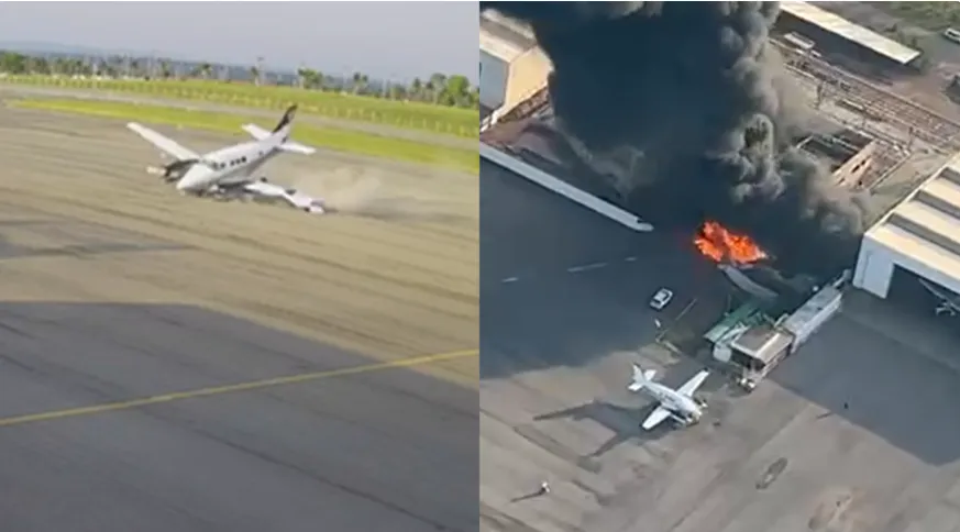 Avião cai e explode em aeroporto de MT. Foto: Corpo de Bombeiros do MT. Divulgação.