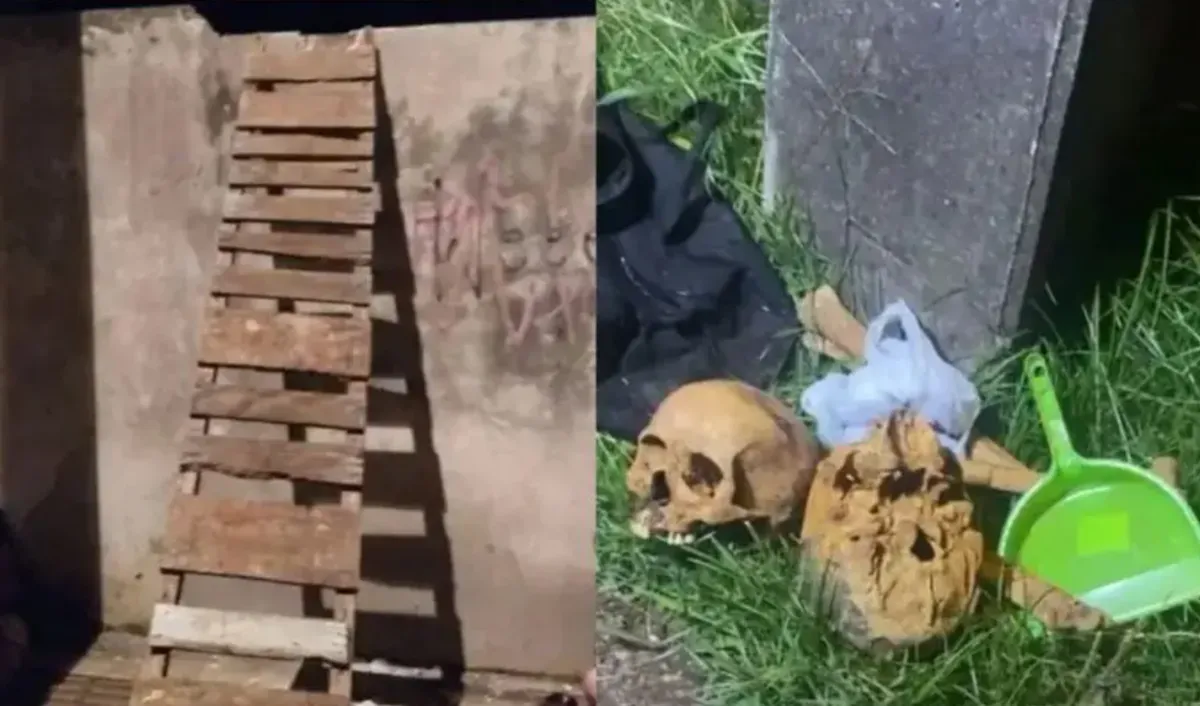 Crânios humanos foram retirados do Cemitério da Saudade, em Londrina. Duas mulheres foram presas. Foto: Divulgação/Reprodução Diário da Manhã