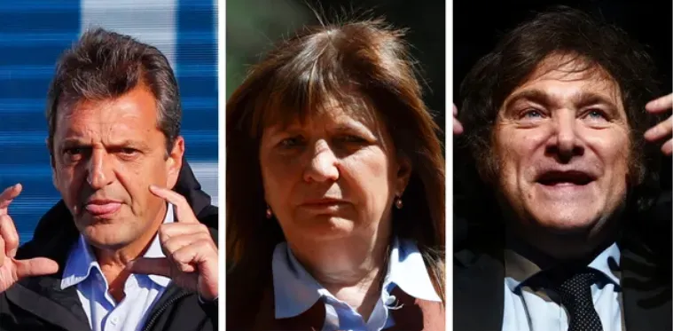 Os candidatos Sergio Massa, Patricia Bullrich e Javier Milei — Foto: Reuters / Reprodução