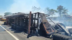 Imagem ilustrativa da imagem Incêndio destrói caminhão carregado de algodão