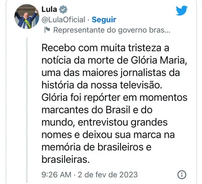 
		Lula lamenta morte de Glória Maria: “Uma das maiores jornalistas”