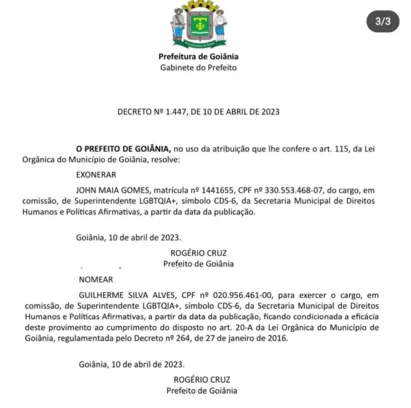 
		Mudanças no jogo:  Prefeitura de Goiânia troca superintendente Municipal de Políticas LGBTI+