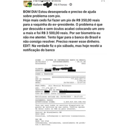 
		Mulher transfere R$ 3.500 por engano para Bolsonaro e se desespera