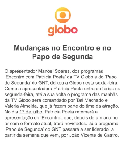 
		Manoel Soares é demitido da Globo