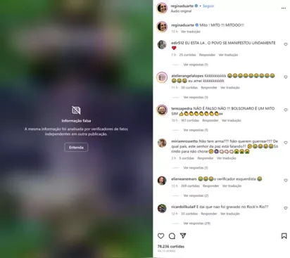
		Regina Duarte posta fake news pró Bolsonaro contra Nando Reis e é advertida pelo Instagram