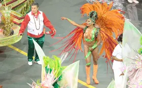 Imagem ilustrativa da imagem Madrinha da X-9 Paulistana continua desfile após queda de tapa-sexo